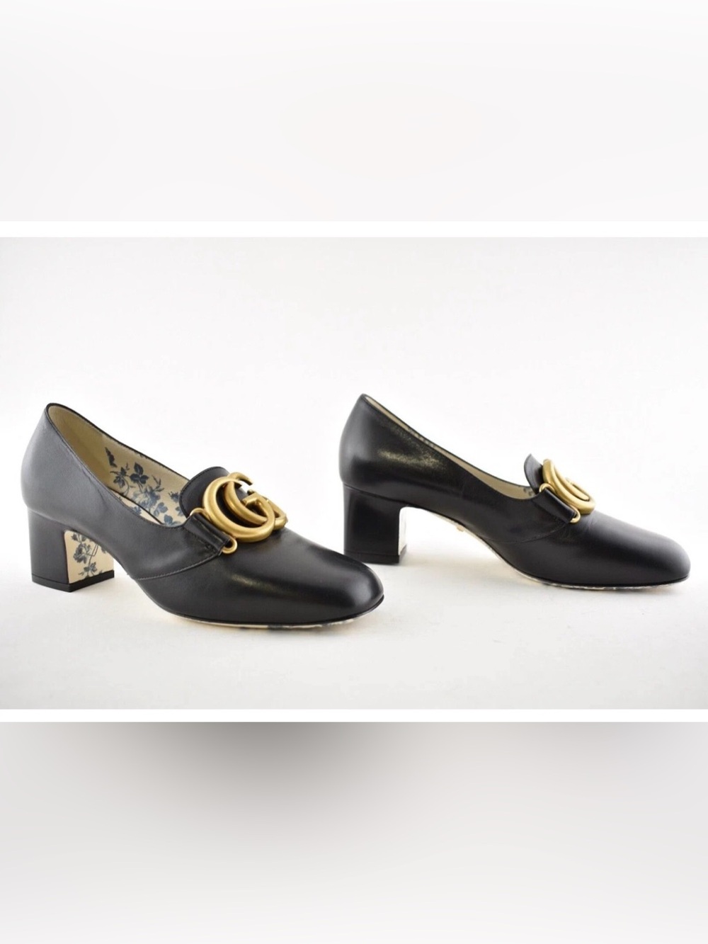 Gucci Victoire 55 Black Leather Double Logo Block Mid Heel Mule Loafer Pump